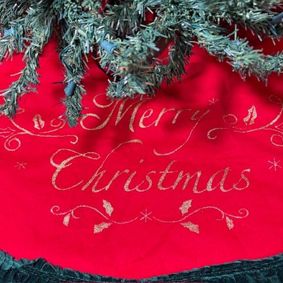 5ft Wood Trail Pine Christmas Tree + Gold Script Merry Christmas Red Green Skirt - Picture 9 of 14